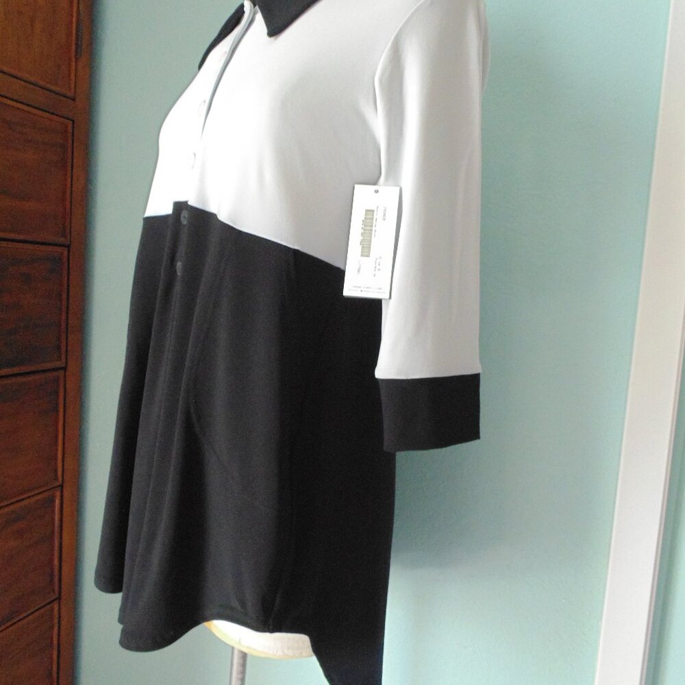 New Sympli Womens 6 Black Collared Silver Top Henley Tunic Lagenlook Jersey